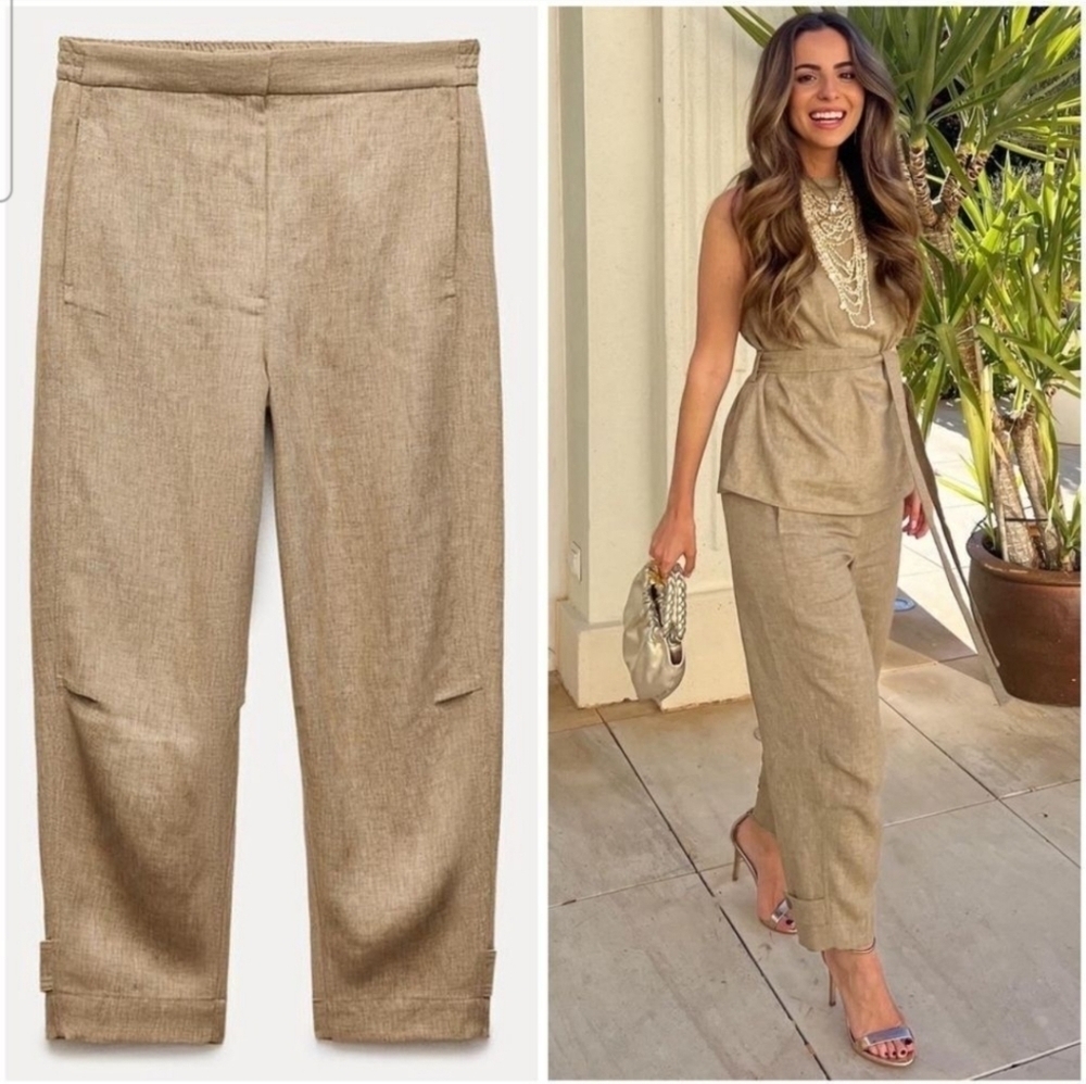 ZARA Linen Blend Ankle ZW Collection Trousers In Tan. Size XS NWT
